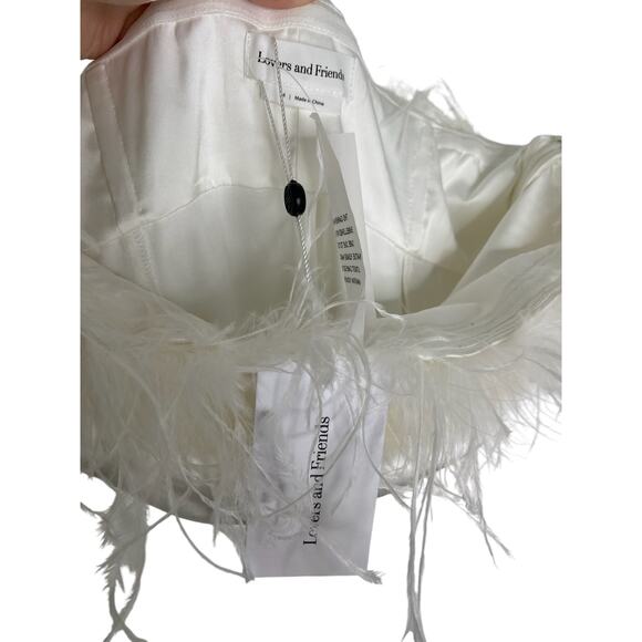 Lovers & Friends Moira Feather Trim Jumpsuit Strapless Wide Leg Satin White Sz M - Picture 10 of 12